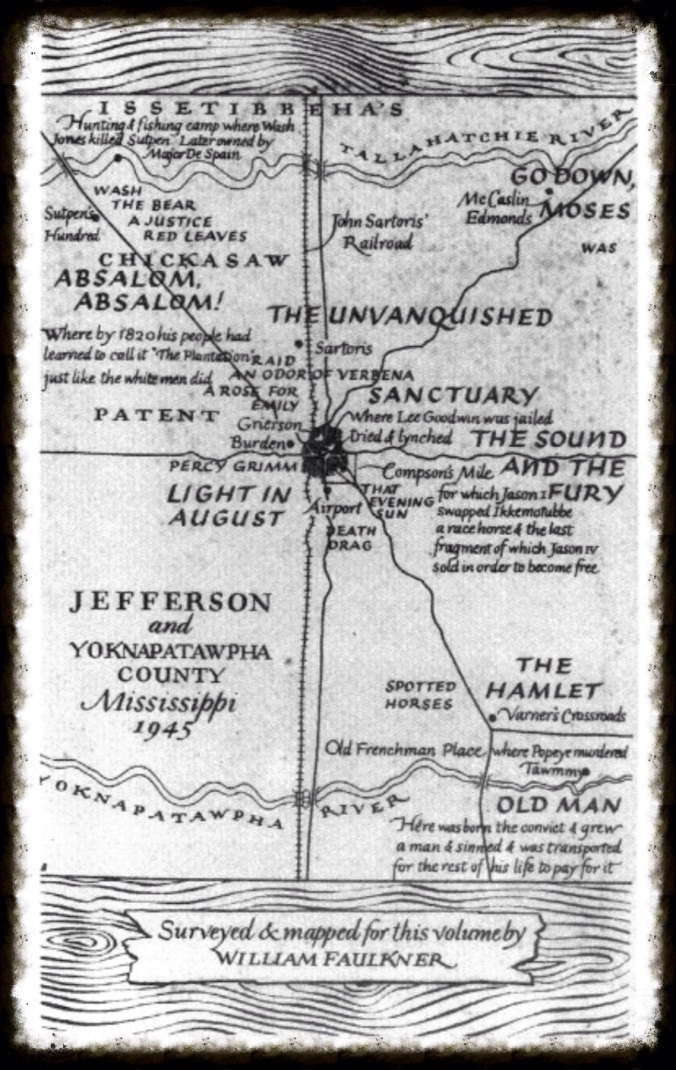 Map of Jefferson and  Yoknapatawpha County, (photo at Hines, Thomas S. William Faulkner and the Tangible Past: The Architecture of Yoknapatawpha. Berkeley:  University of California Press,  c1996 1996)